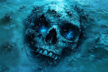 Submerged Skull Digital Painting Dark Blue Hues