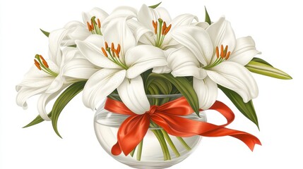 Obraz premium Elegant White Lilies with Orange Ribbon in Glass Vase