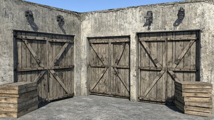 Rustic wooden doors, desert building, crates, shadows