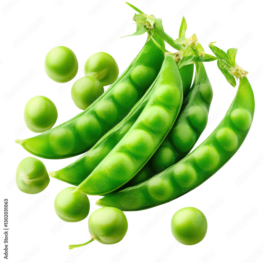Poster bright and fresh green peas displaying their vibrant color and natural glossiness on a light backgro