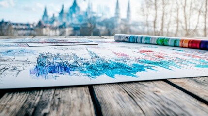 Naklejka premium Storyboard Sketches Cityscape Illustrations on Wooden Table