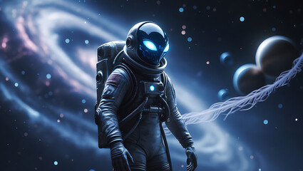 A mesmerizing, hyper-realistic visual representation of an astronaut alien in the space, intriguing, mystery, dark theme, majestic, galaxy, planets, created by generative ai