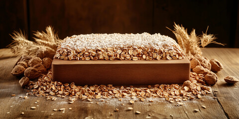 A rustic wooden block surrounded by oatmeal, almond shells, and wheat, creating a cozy and natural setting, perfect for food photography or wholesome ingredients.