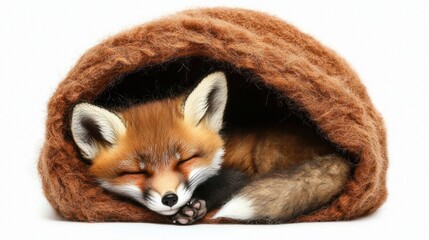 Obraz premium Adorable Red Fox Napping Softly in Cozy Woolen Nest