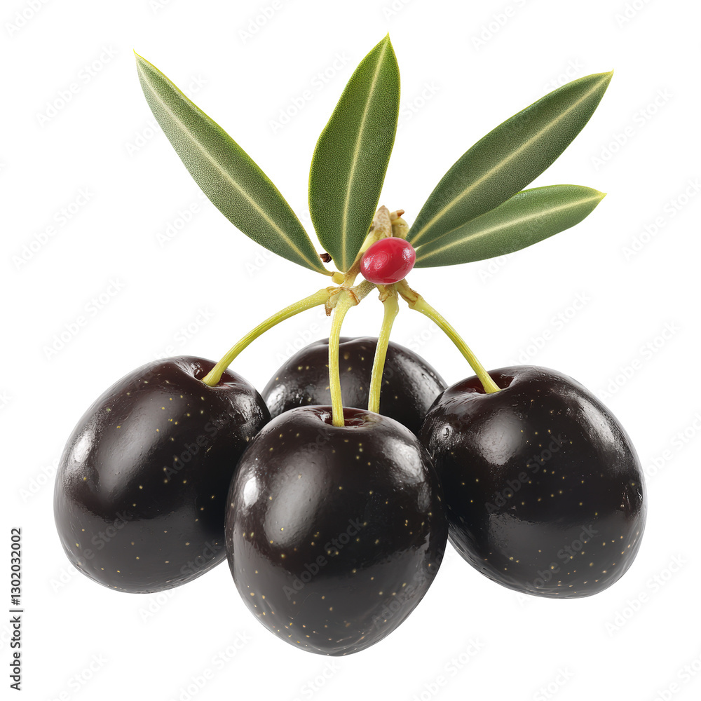 Poster three fresh black olives nestled together with a green leaf on a light background highlighting their