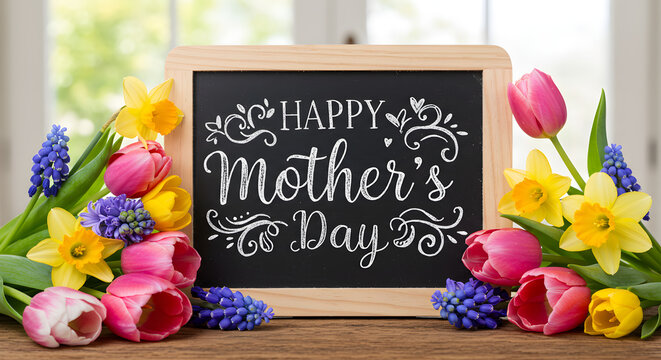 Happy mothers day chalkboard sign with colorful spring flowers tulips on transparent background pink