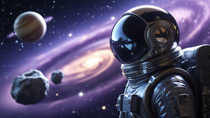 A mesmerizing, hyper-realistic visual representation of an astronaut alien in the space, intriguing, mystery, dark theme, majestic, galaxy, planets, created by generative ai