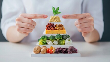 Healthy Eating Pyramid Concept With Hands Presenting Varied Ingredients for Nutrition and Balanced Meal Planning on a Light Background