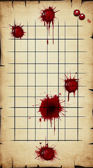 Blood splatters on a gridded parchment background, creating a dramatic and eerie effect