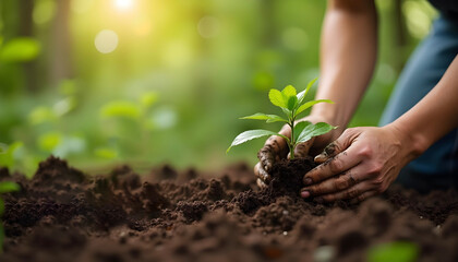 Hands Planting a Young Tree Seedling in Fertile Soil..