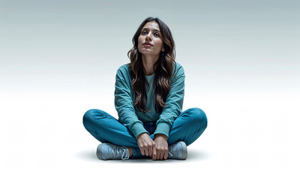 Minimalist Portrait of a Young Woman Sitting Cross-Legged..