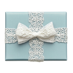 A pastel blue gift box wrapped with delicate white lace ribbon and a matching lace bow. The elegant design adds a vintage and romantic touch, perfect for special occasions.