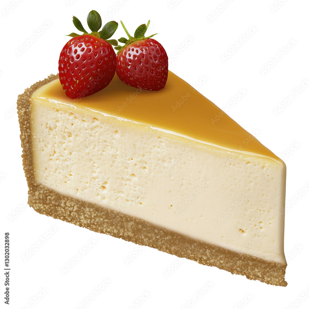 Poster decadent cheese cheese pie topped with a fresh strawberry creating a beautiful contrast on a white p
