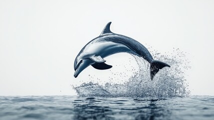 Fototapeta premium A dolphin leaps gracefully from azure waters, poised mid-air, arching elegantly to the right. Vibrant sea meets vibrant life in a fleeting dance of freedom and agility