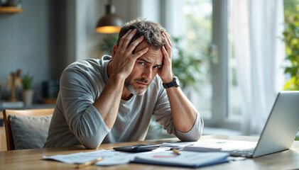 Stressed Man Managing Finances at Home..