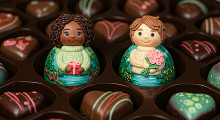Artisanal Chocolate Box with Cute Figurine Decorations


