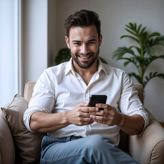 Smiling Man Using Smartphone in a Bright and Stylish Living Room..