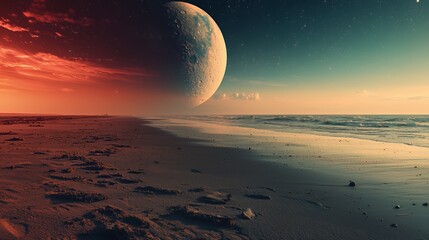 Surreal Seascape with a Large Planet and Red Sunset