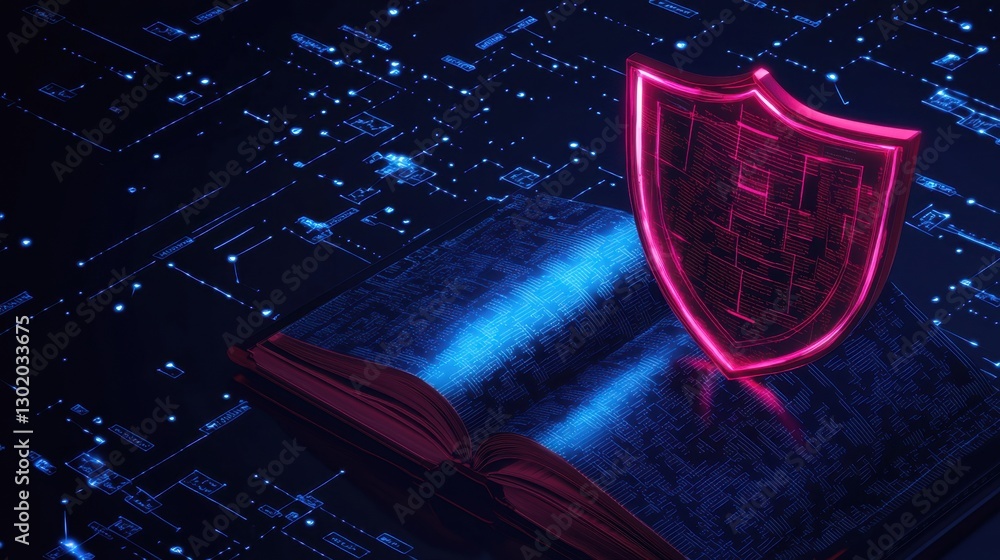 Poster digital shield over open book representing cybersecurity and protection of data with futuristic tech