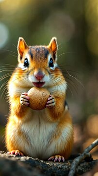 Charming Chipmunk Holding a Nut in a Serene Forest Setting with Subtle Bokeh Background