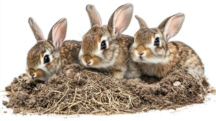 Fototapeta premium Three Adorable Baby Rabbits Sitting on Pile of Fresh Soil