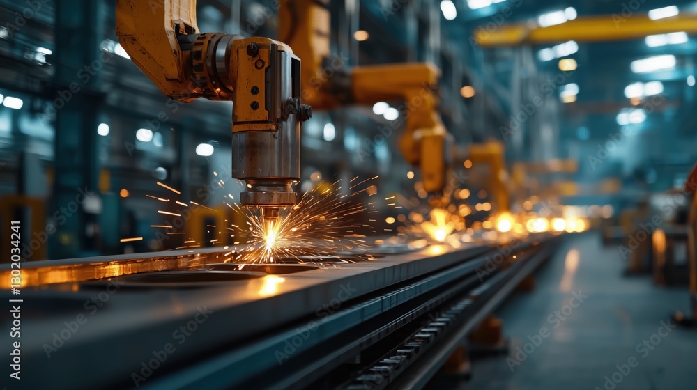 Poster industrial robotics in action with sparks and automation in a modern factory setting, showcasing adv
