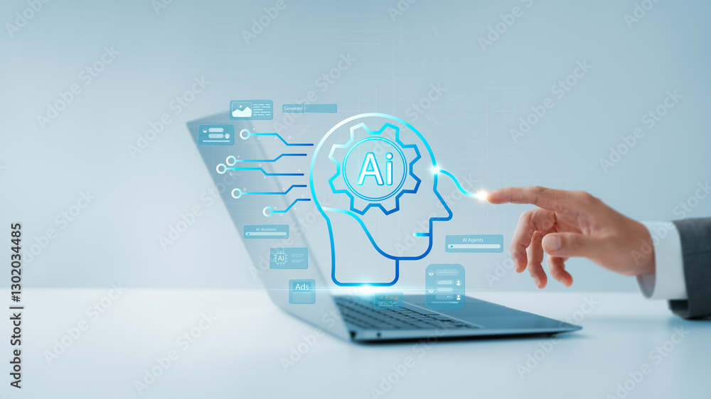 Poster ai agent and assistant young man uses ai agent on laptop to help maximize efficiency and manage impo