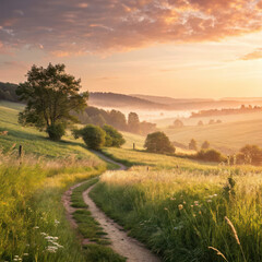 Obraz premium serene landscape featuring winding path through lush green fields at sunrise, with mist hovering over hills, creating peaceful and refreshing atmosphere