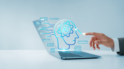 AI Agent and Assistant Young man uses AI Agent on laptop to help maximize efficiency and manage...