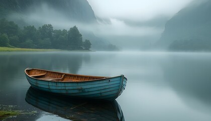 Fototapeta premium Serene Misty Lake with a Wooden Boat in a Tranquil Landscape