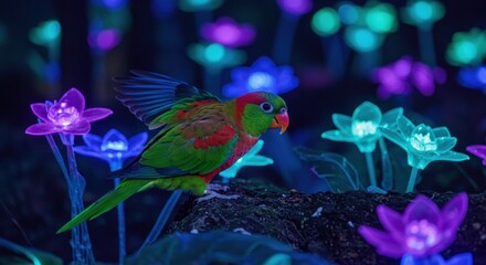 Fototapeta premium Vibrant caique parrot perched on a mossy log surrounded by glowing, colorful flowers in a mystical forest