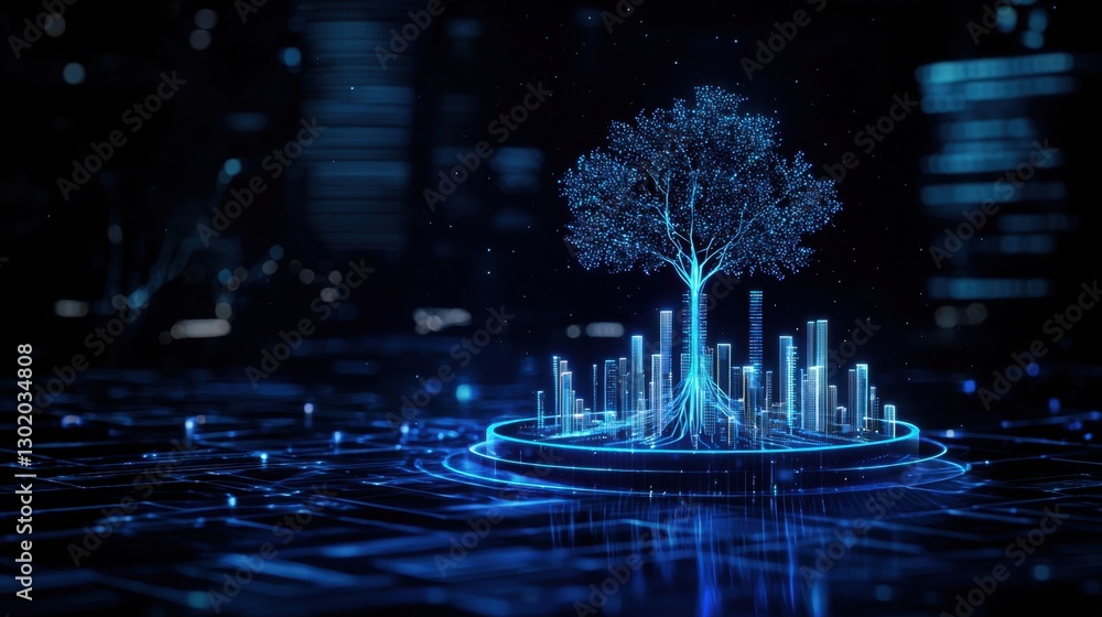Poster illuminated digital tree design showcasing urban growth amidst technology advancements in a futurist
