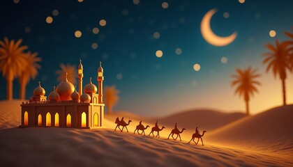 sunset in the desert with camels caravans