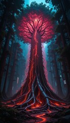 Futuristic Cyberpunk Tree Glowing Red Neon Lights Digital Art Fantasy Illustration