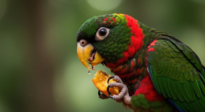 Colorful caique parrot perched on a branch, enjoying a slice of fruit with a lush green background