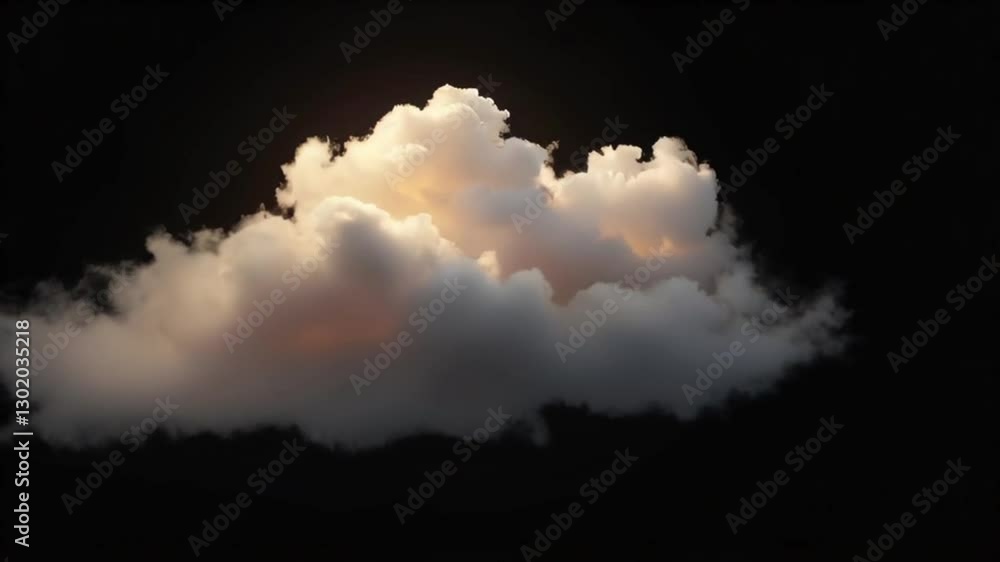 Poster a close-up of a fluffy cloud against a black background, bathed in warm sunlight, creating a sense o