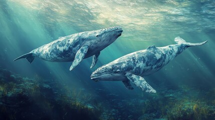 Fototapeta premium A majestic gray and white whale gracefully swims through vibrant deep blue-green ocean waters, gliding rightward with an ethereal elegance. Rays of sunlight dance across its smooth surface, enhancing 
