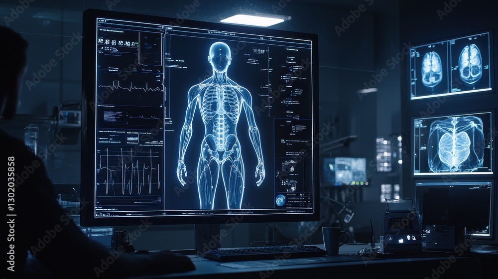 Aufkleber advanced medical technology displaying human anatomy on computer screen in modern research laborator
