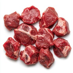 Fresh Raw Beef Stew Meat Cubes on White Background