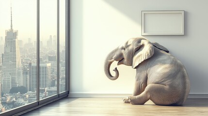 A captivating 3D render reveals an interior view from the top-left, showcasing a vibrant cityscape through expansive glass windows, blending indoor elegance with urban allure