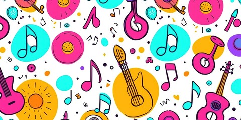 Naklejka premium Musical Canvas: Vibrant Doodle Art Patterns with Musical Notes and Instruments