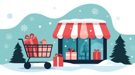 Cozy Winter Holiday Shopping Scene with a Decorated Storefront, Gifts, a Shopping Cart, and a Snowy Background