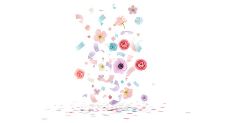 Pastel flowers falling with colorful confetti celebration soft pink blue on transparent background
