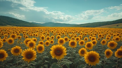 Obraz premium Vibrant Field of Sunflowers Under a Blue Sky with Mountain Backdrop