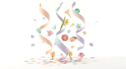 Fototapeta premium Pastel flowers and confetti celebration spring festive design cute soft on transparent background