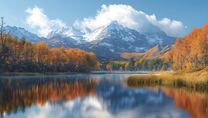 Serene Autumn Landscape with Mountains and Reflective Lake Waters