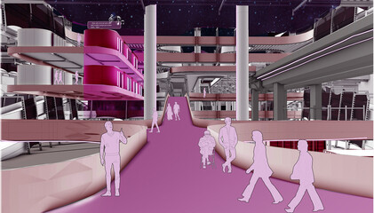 Futuristic station in city of Medellin. The night in the center of city.