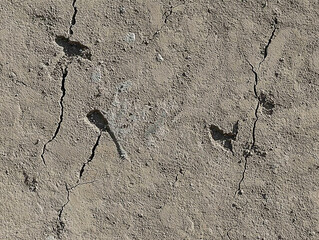 Close-up of cracked earth surface with faint footprints and natural patterns in arid environment