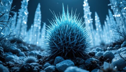 Surreal Blue Spiky Plant in a Crystalline Forest Fantasy Landscape Digital Art
