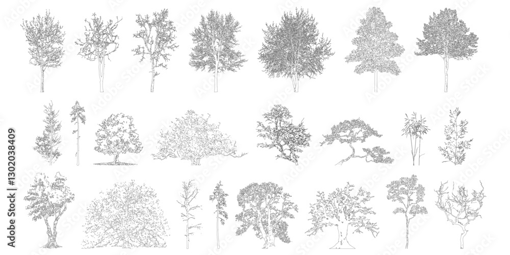 Poster Minimal style cad tree line drawing, Side view, set of graphics trees elements outline symbol for architecture and landscape design drawing. Vector illustration in stroke fill in white. Tropical